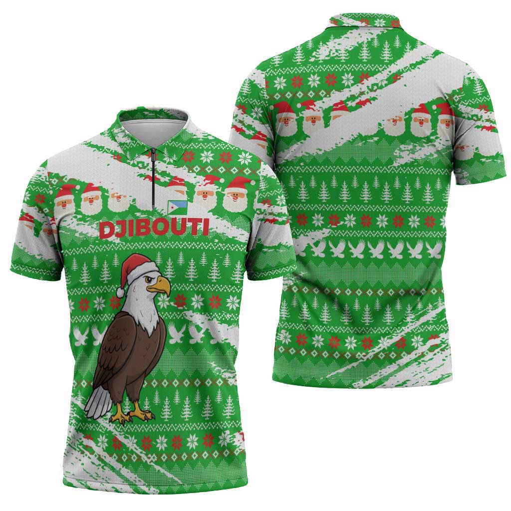 Djibouti Christmas Zipper Polo Shirt with Santa Eagle Doves Trees and Green Snowflake Holiday - Wonder Print Shop