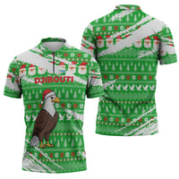 Djibouti Christmas Zipper Polo Shirt with Santa Eagle Doves Trees and Green Snowflake Holiday - Wonder Print Shop