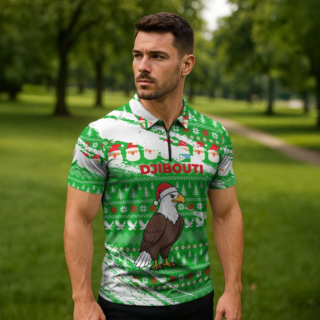 Djibouti Christmas Zipper Polo Shirt with Santa Eagle Doves Trees and Green Snowflake Holiday - Wonder Print Shop