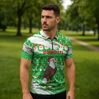 Djibouti Christmas Zipper Polo Shirt with Santa Eagle Doves Trees and Green Snowflake Holiday - Wonder Print Shop