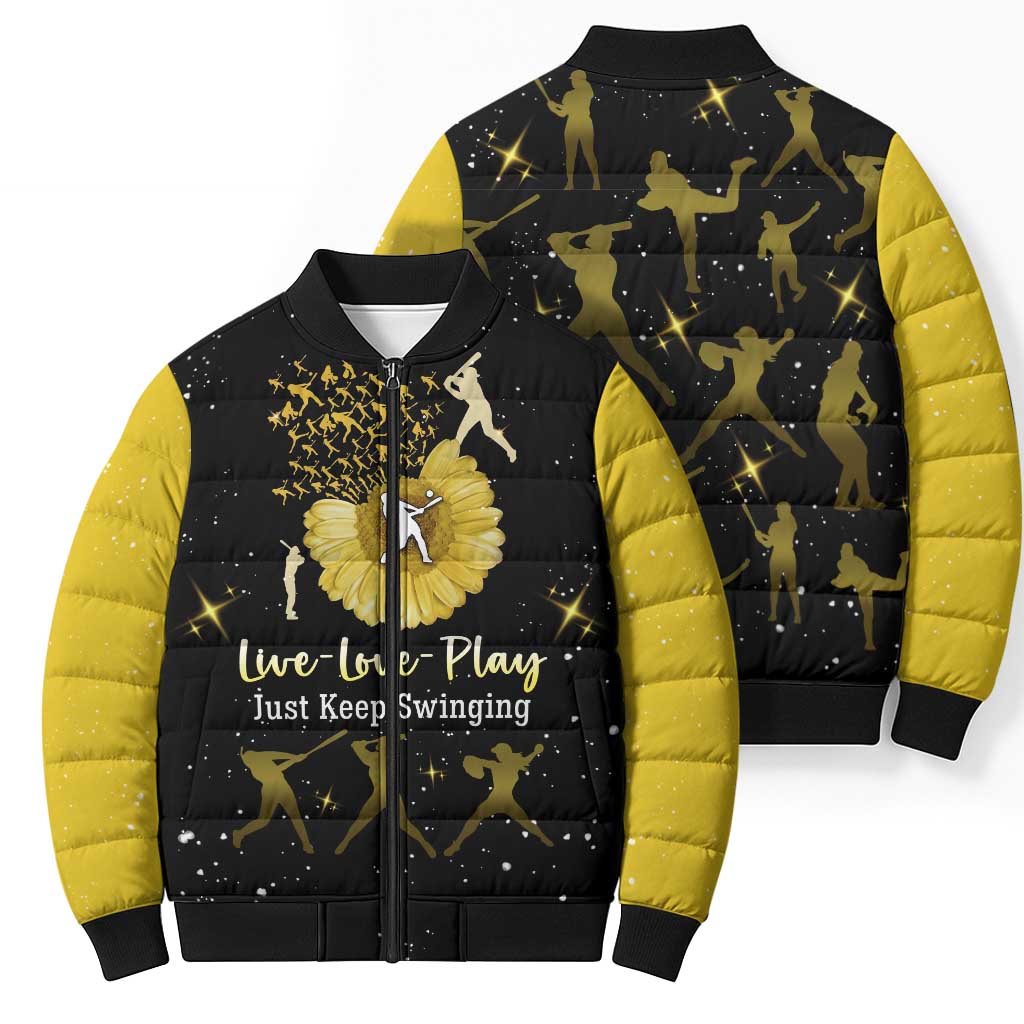 Softball Sunflower Yellow Black Christmas Bomber Puffer Jacket Xmas Holiday Patterns - Wonder Print Shop
