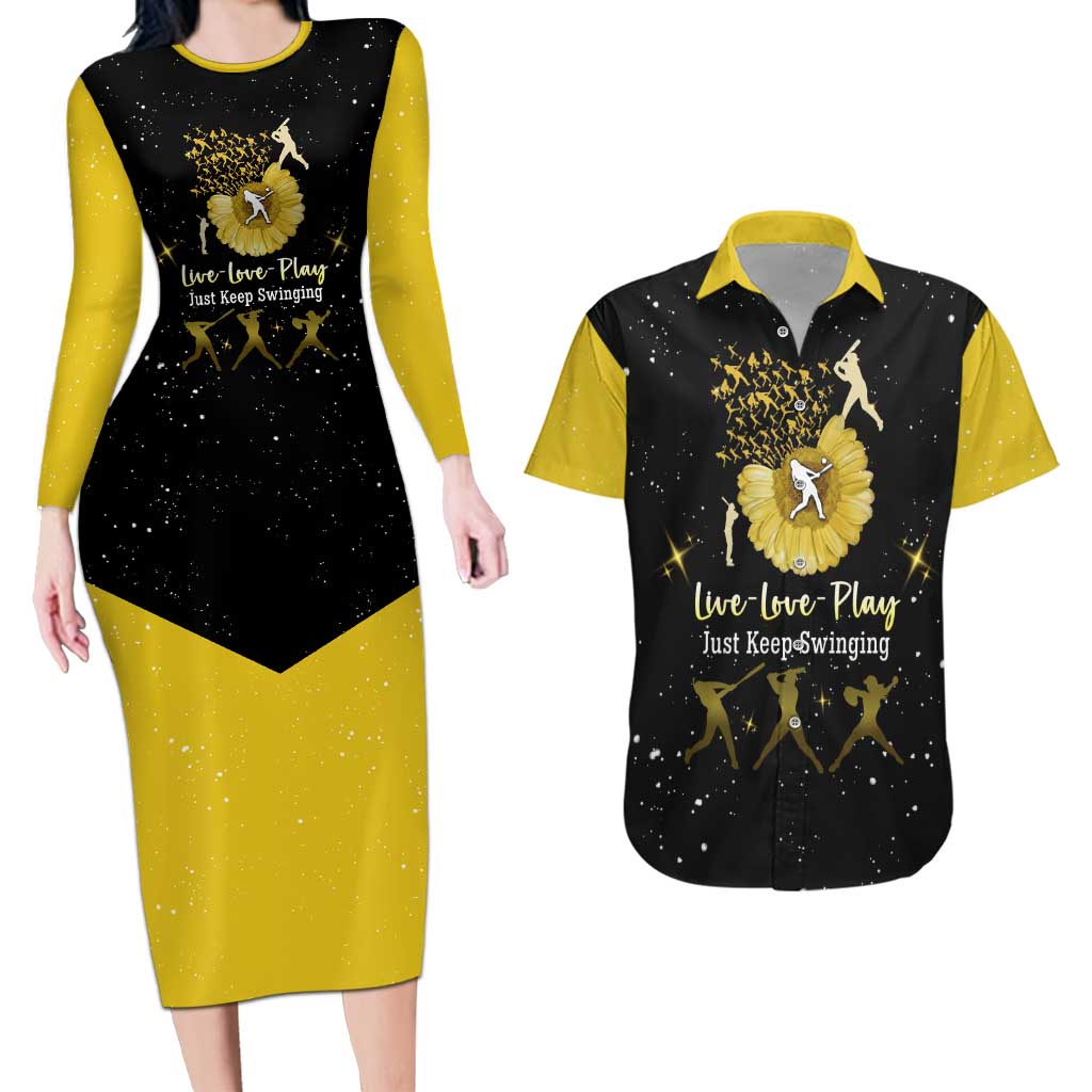Softball Sunflower Yellow Black Christmas Couples Matching Long Sleeve Bodycon Dress and Hawaiian Shirt Xmas Holiday Patterns - Wonder Print Shop