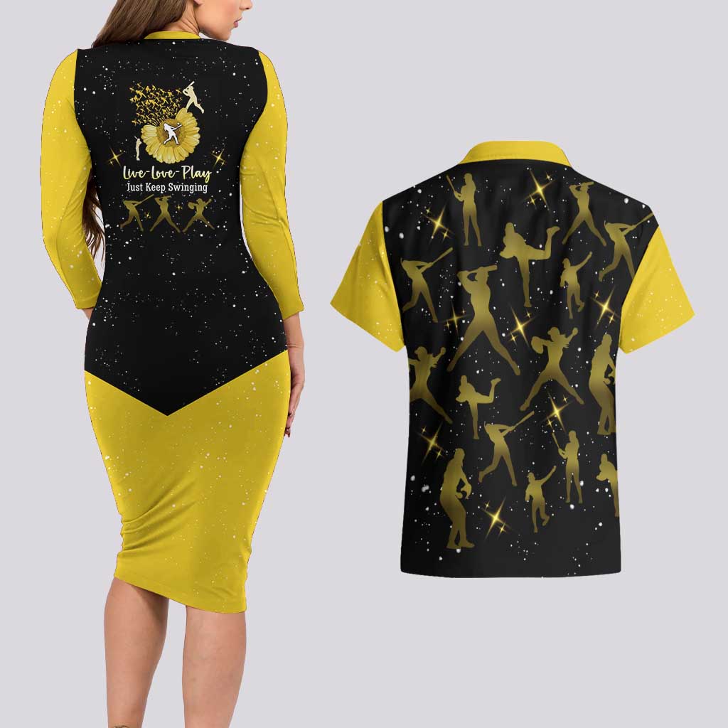 Softball Sunflower Yellow Black Christmas Couples Matching Long Sleeve Bodycon Dress and Hawaiian Shirt Xmas Holiday Patterns - Wonder Print Shop