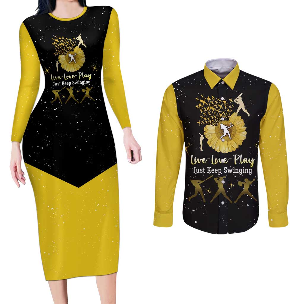 Softball Sunflower Yellow Black Christmas Couples Matching Long Sleeve Bodycon Dress and Long Sleeve Button Shirt Xmas Holiday Patterns - Wonder Print Shop