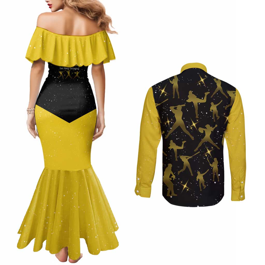 Softball Sunflower Yellow Black Christmas Couples Matching Mermaid Dress and Long Sleeve Button Shirt Xmas Holiday Patterns - Wonder Print Shop