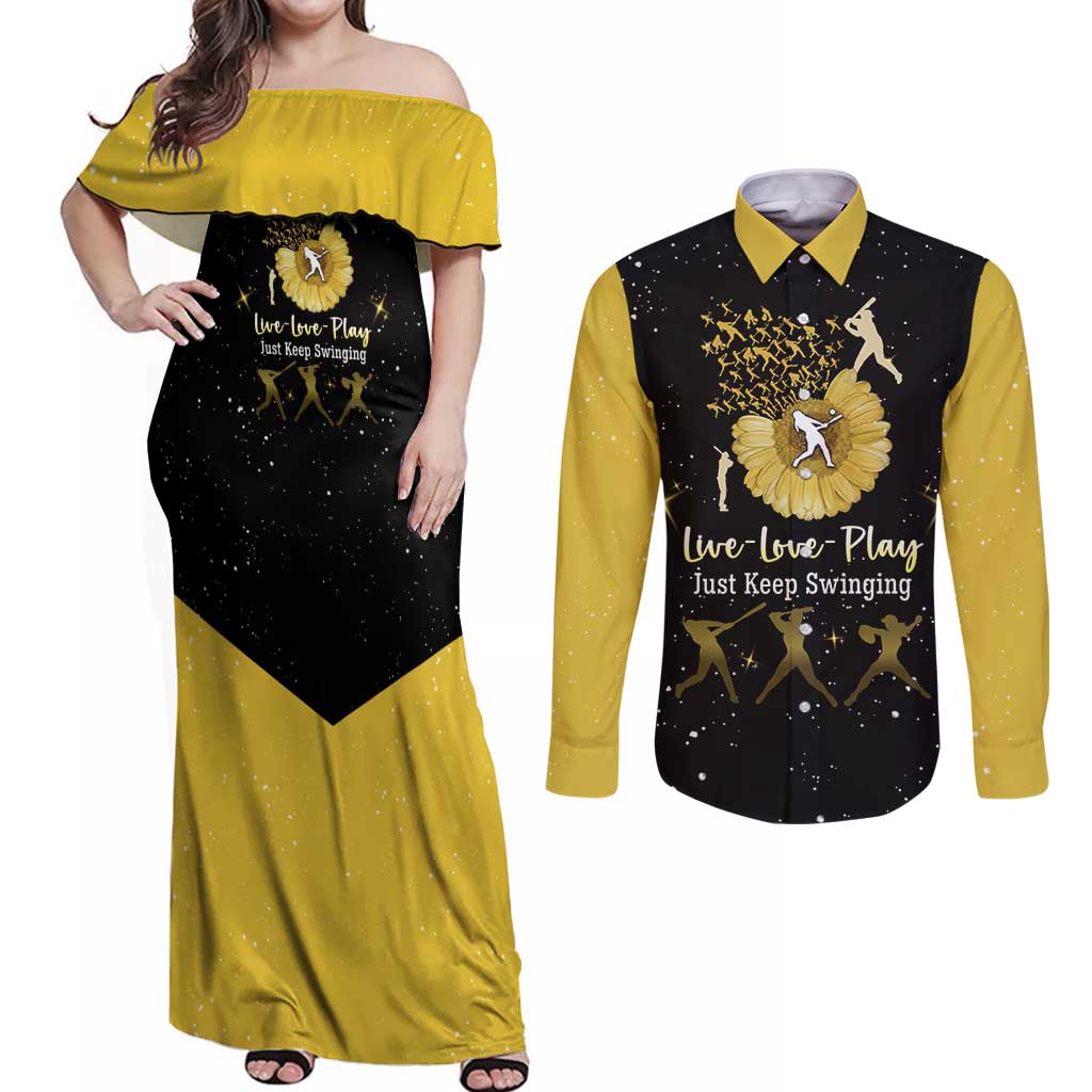 Softball Sunflower Yellow Black Christmas Couples Matching Off Shoulder Maxi Dress and Long Sleeve Button Shirt Xmas Holiday Patterns - Wonder Print Shop