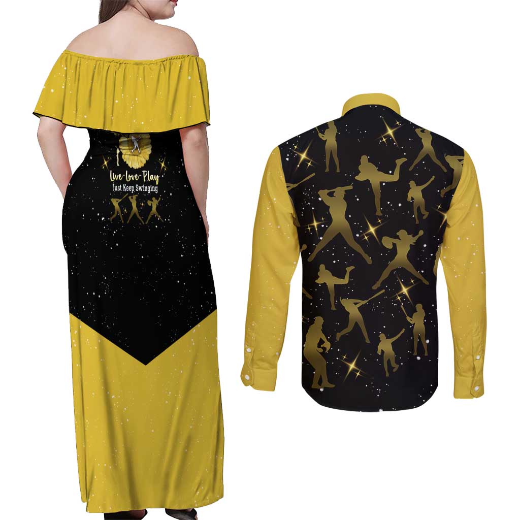 Softball Sunflower Yellow Black Christmas Couples Matching Off Shoulder Maxi Dress and Long Sleeve Button Shirt Xmas Holiday Patterns - Wonder Print Shop