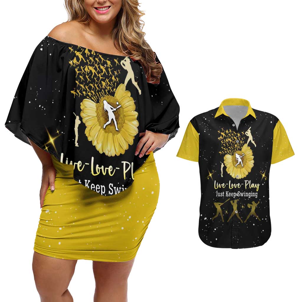 Softball Sunflower Yellow Black Christmas Couples Matching Off Shoulder Short Dress and Hawaiian Shirt Xmas Holiday Patterns - Wonder Print Shop
