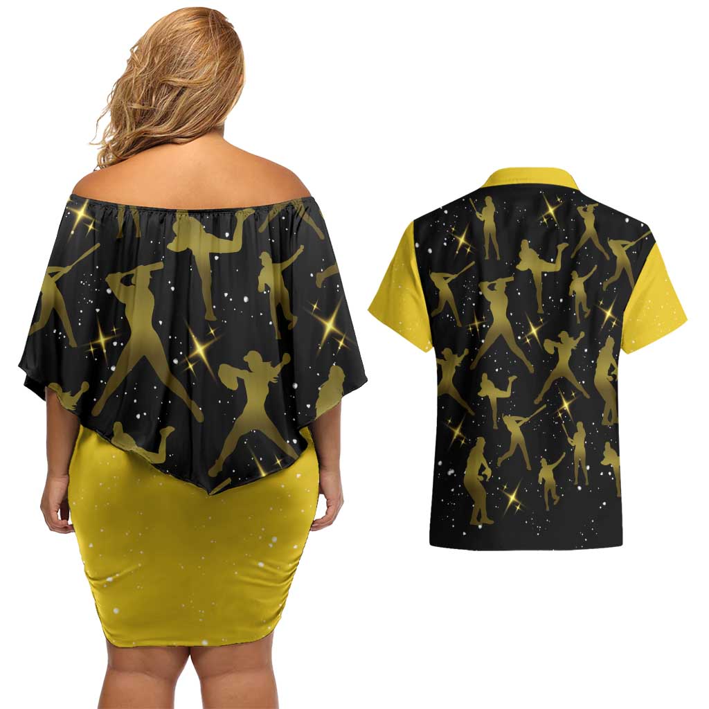 Softball Sunflower Yellow Black Christmas Couples Matching Off Shoulder Short Dress and Hawaiian Shirt Xmas Holiday Patterns - Wonder Print Shop