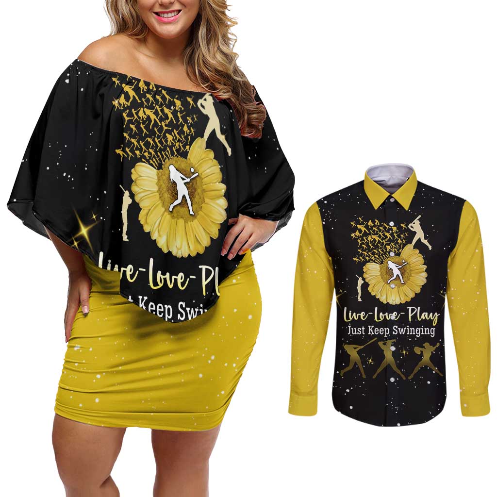 Softball Sunflower Yellow Black Christmas Couples Matching Off Shoulder Short Dress and Long Sleeve Button Shirt Xmas Holiday Patterns - Wonder Print Shop