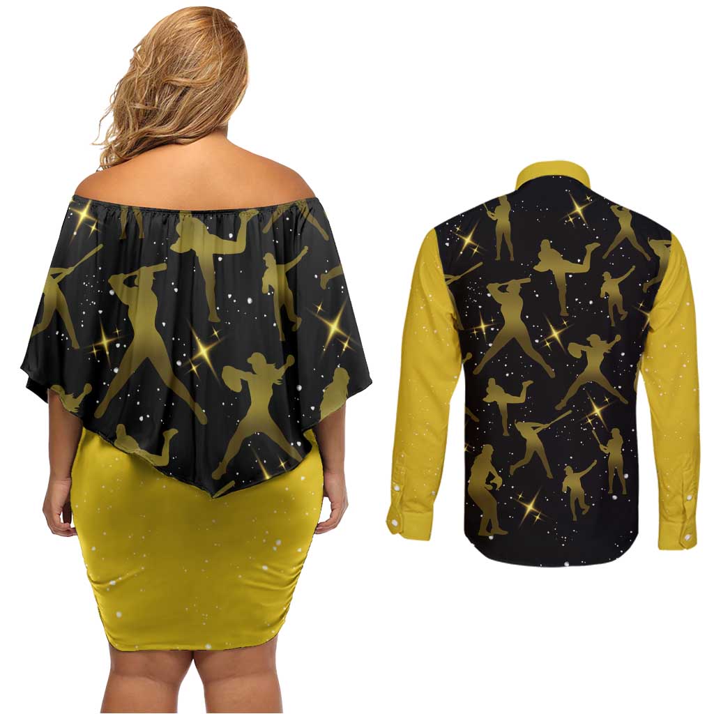 Softball Sunflower Yellow Black Christmas Couples Matching Off Shoulder Short Dress and Long Sleeve Button Shirt Xmas Holiday Patterns - Wonder Print Shop