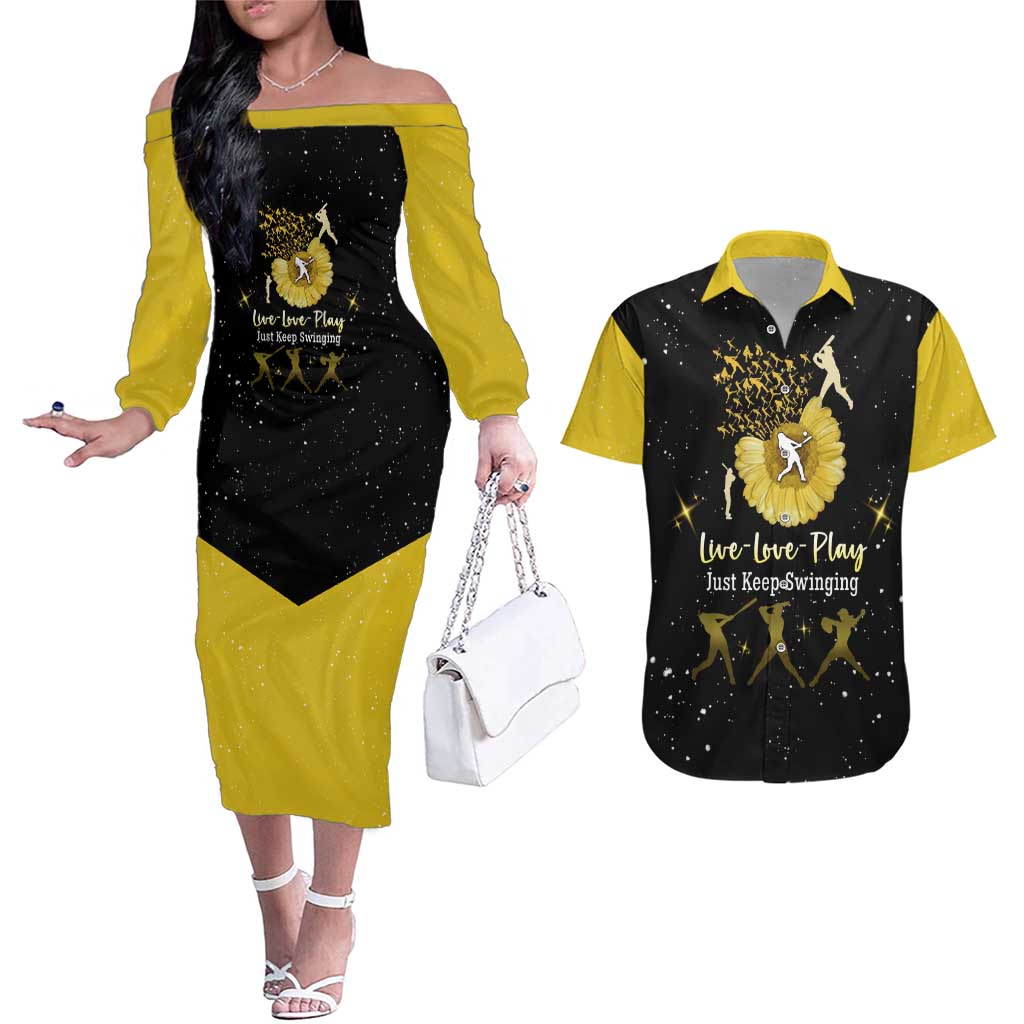 Softball Sunflower Yellow Black Christmas Couples Matching Off The Shoulder Long Sleeve Dress and Hawaiian Shirt Xmas Holiday Patterns - Wonder Print Shop