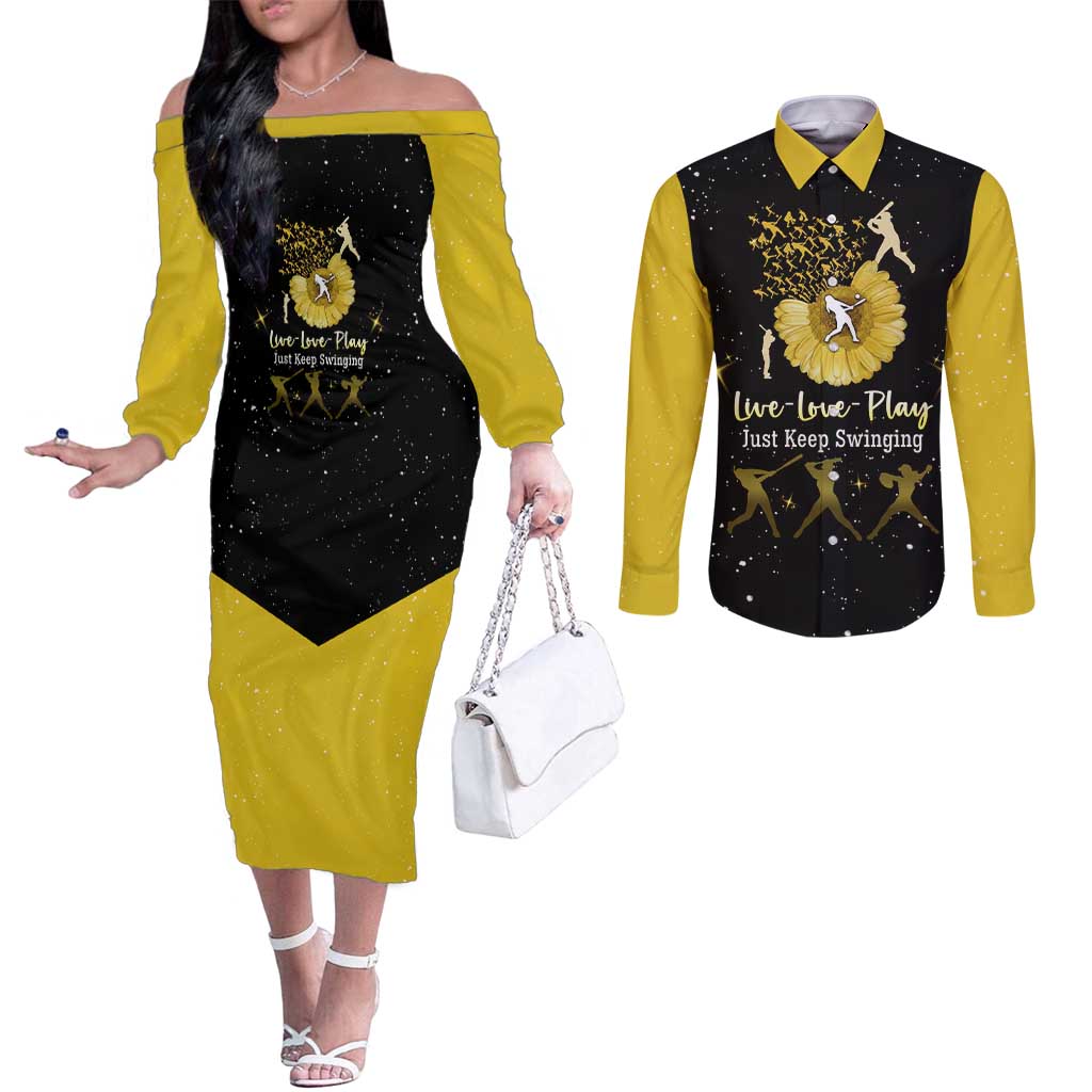 Softball Sunflower Yellow Black Christmas Couples Matching Off The Shoulder Long Sleeve Dress and Long Sleeve Button Shirt Xmas Holiday Patterns - Wonder Print Shop