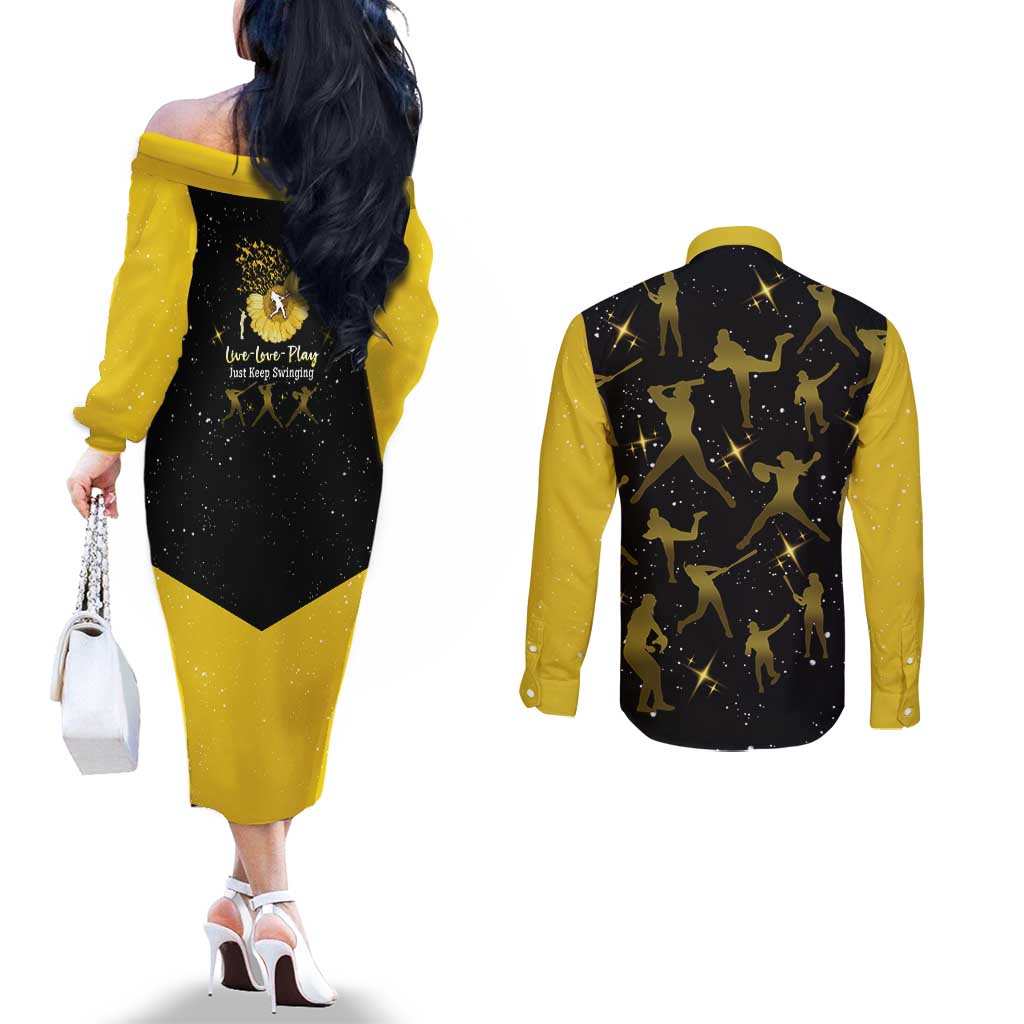 Softball Sunflower Yellow Black Christmas Couples Matching Off The Shoulder Long Sleeve Dress and Long Sleeve Button Shirt Xmas Holiday Patterns - Wonder Print Shop