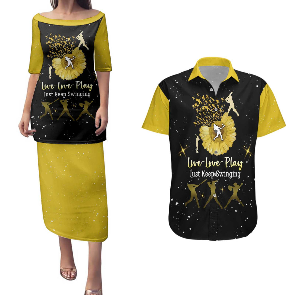 Softball Sunflower Yellow Black Christmas Couples Matching Puletasi and Hawaiian Shirt Xmas Holiday Patterns - Wonder Print Shop