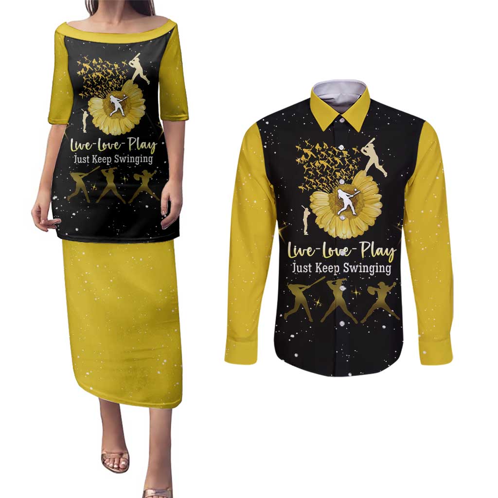 Softball Sunflower Yellow Black Christmas Couples Matching Puletasi and Long Sleeve Button Shirt Xmas Holiday Patterns - Wonder Print Shop