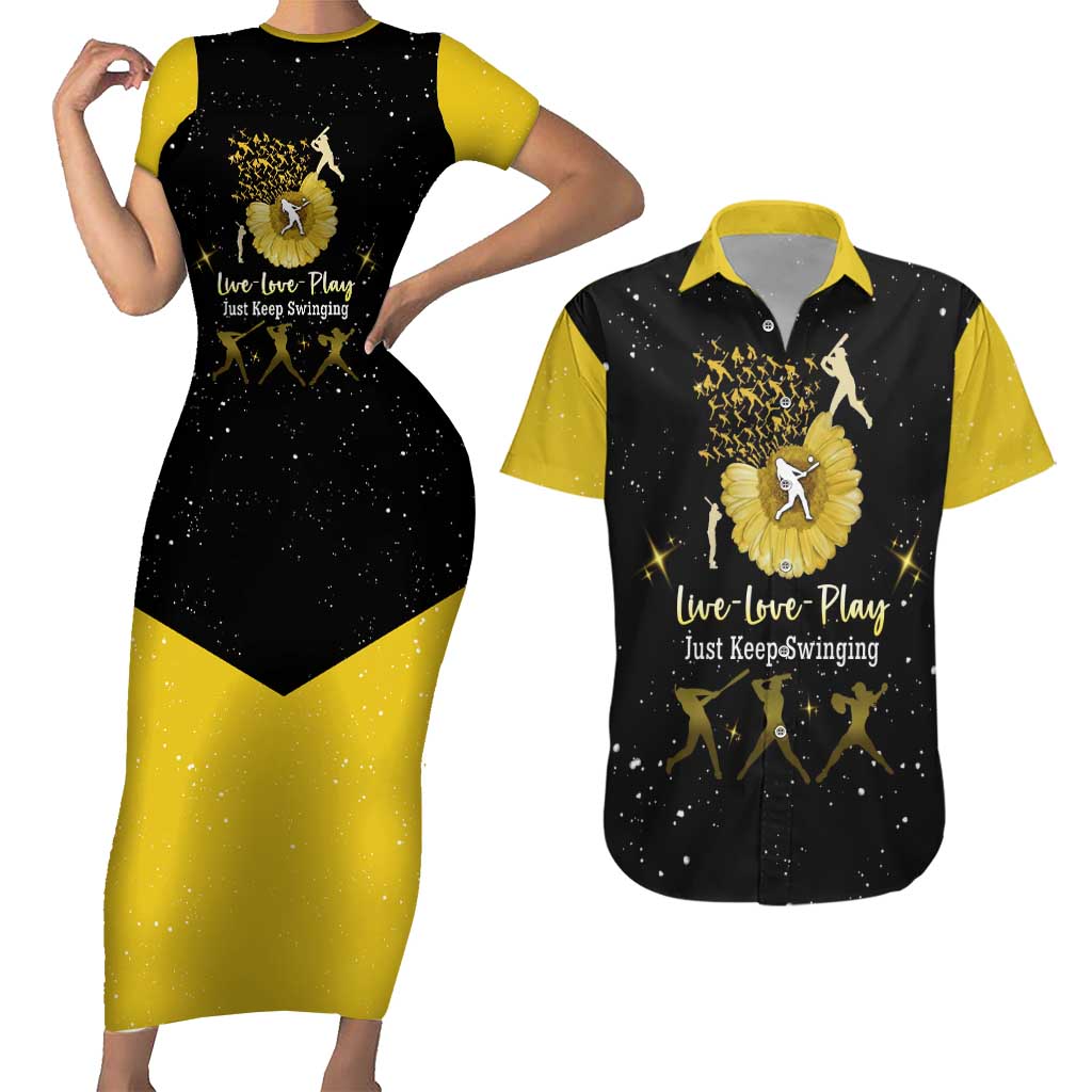 Softball Sunflower Yellow Black Christmas Couples Matching Short Sleeve Bodycon Dress and Hawaiian Shirt Xmas Holiday Patterns - Wonder Print Shop