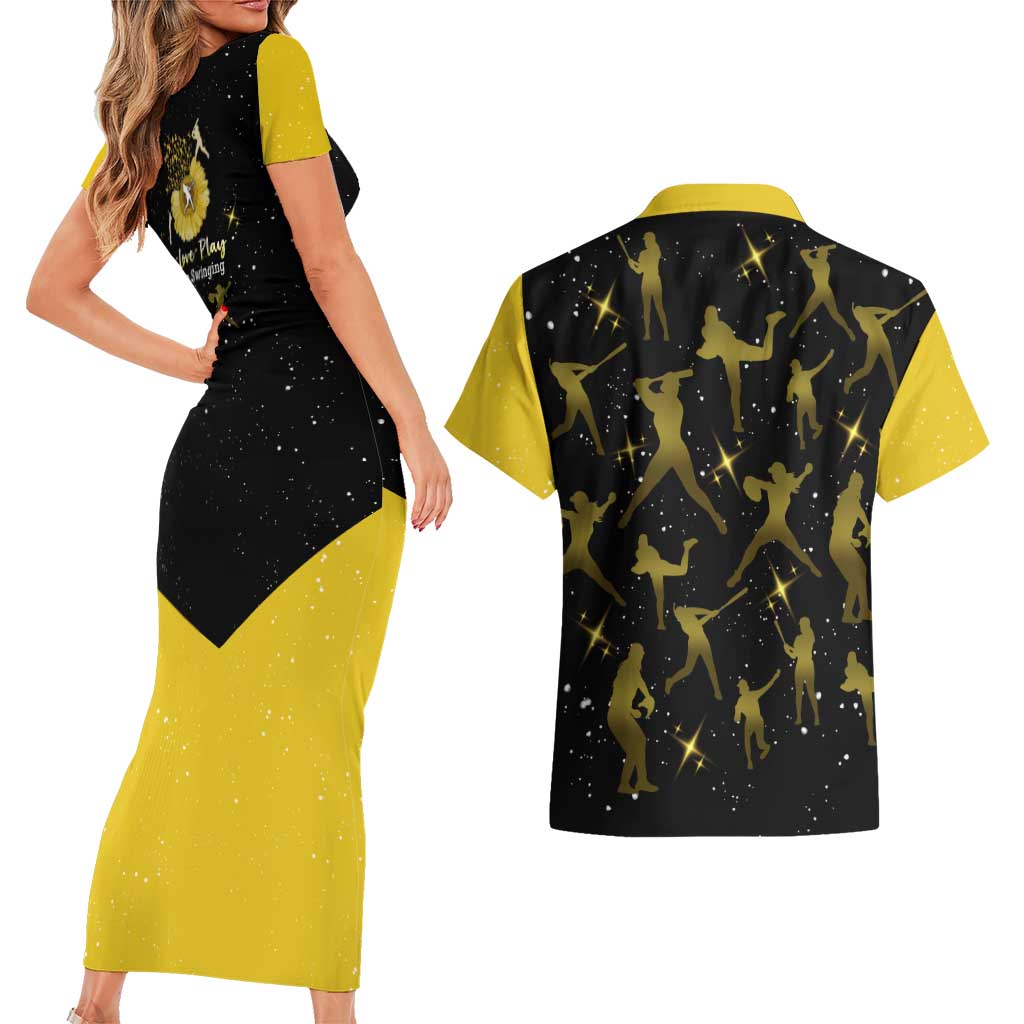 Softball Sunflower Yellow Black Christmas Couples Matching Short Sleeve Bodycon Dress and Hawaiian Shirt Xmas Holiday Patterns - Wonder Print Shop