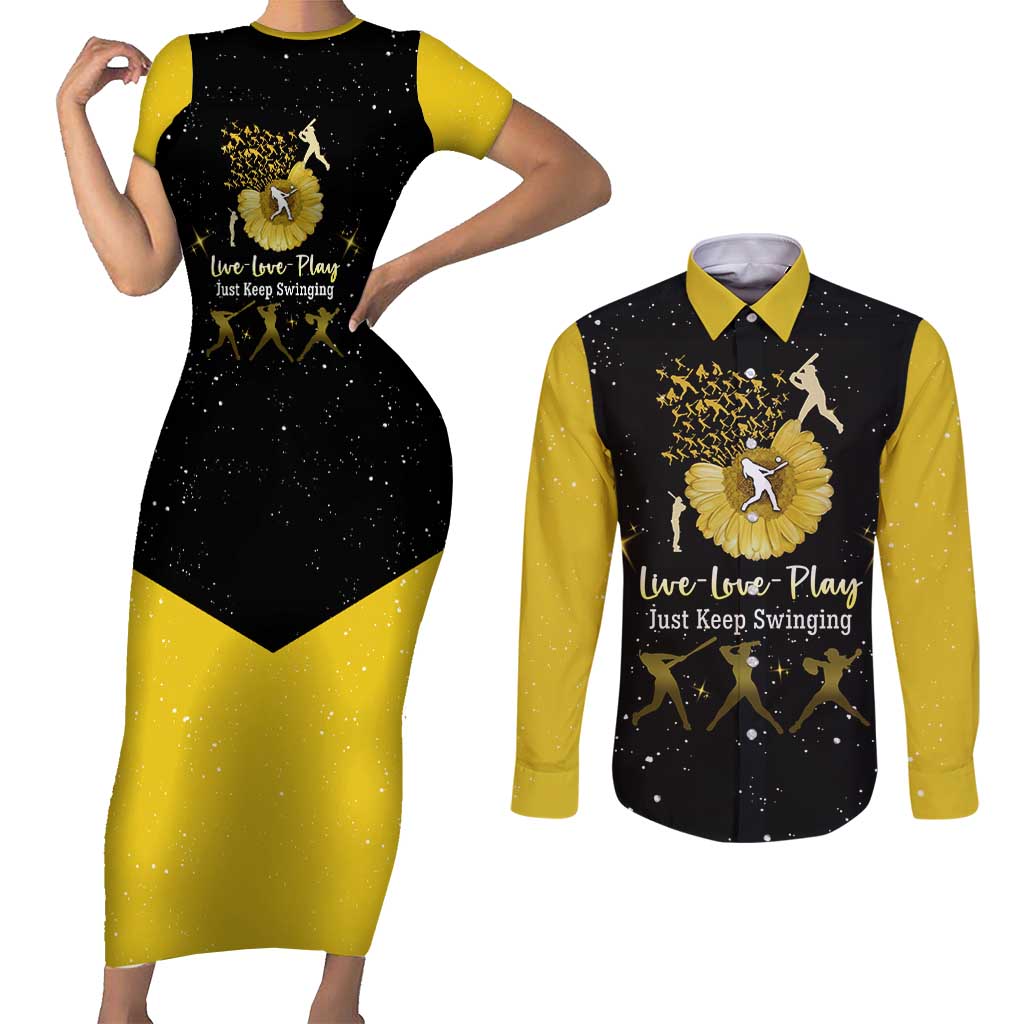 Softball Sunflower Yellow Black Christmas Couples Matching Short Sleeve Bodycon Dress and Long Sleeve Button Shirt Xmas Holiday Patterns - Wonder Print Shop