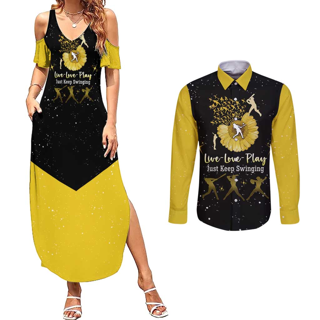 Softball Sunflower Yellow Black Christmas Couples Matching Summer Maxi Dress and Long Sleeve Button Shirt Xmas Holiday Patterns - Wonder Print Shop