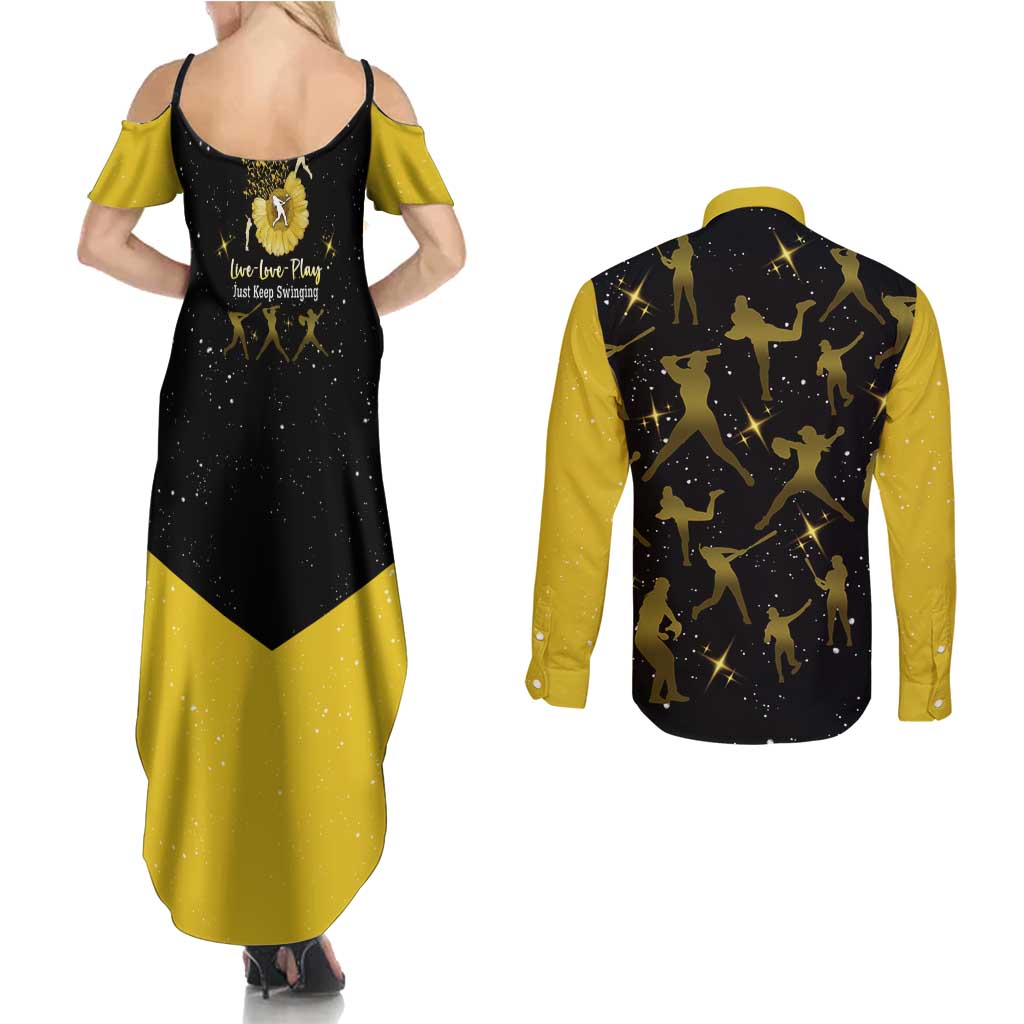Softball Sunflower Yellow Black Christmas Couples Matching Summer Maxi Dress and Long Sleeve Button Shirt Xmas Holiday Patterns - Wonder Print Shop