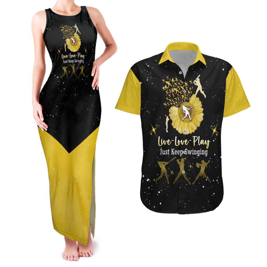 Softball Sunflower Yellow Black Christmas Couples Matching Tank Maxi Dress and Hawaiian Shirt Xmas Holiday Patterns - Wonder Print Shop