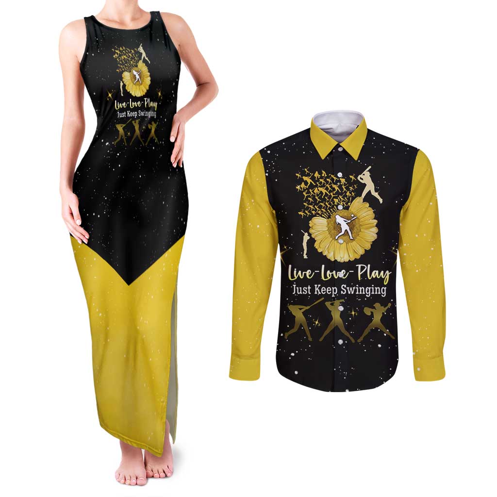 Softball Sunflower Yellow Black Christmas Couples Matching Tank Maxi Dress and Long Sleeve Button Shirt Xmas Holiday Patterns - Wonder Print Shop