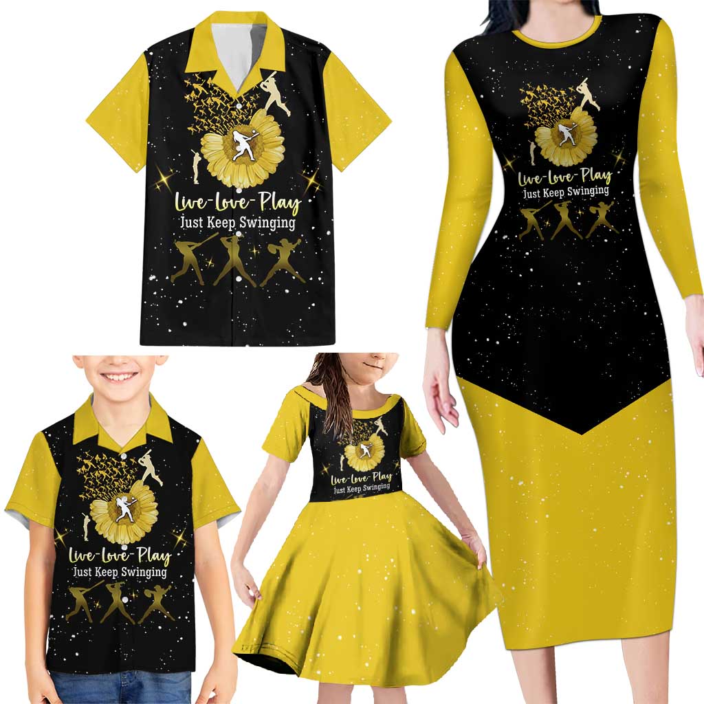 Softball Sunflower Yellow Black Christmas Family Matching Long Sleeve Bodycon Dress and Hawaiian Shirt Xmas Holiday Patterns - Wonder Print Shop