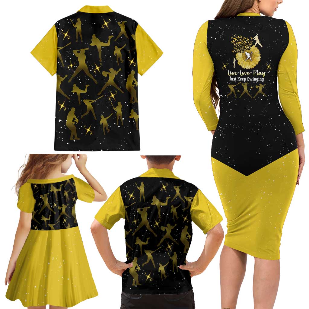 Softball Sunflower Yellow Black Christmas Family Matching Long Sleeve Bodycon Dress and Hawaiian Shirt Xmas Holiday Patterns - Wonder Print Shop