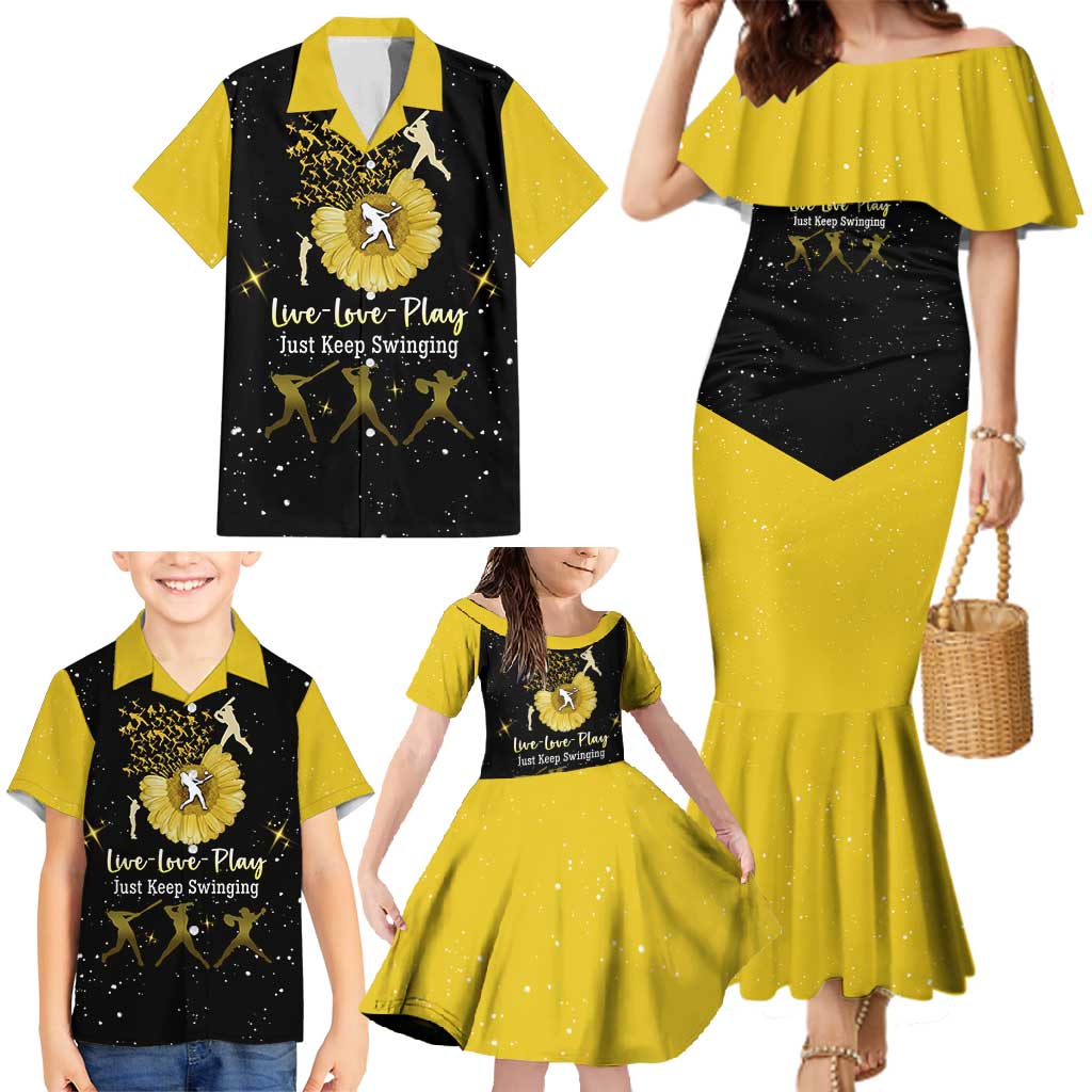 Softball Sunflower Yellow Black Christmas Family Matching Mermaid Dress and Hawaiian Shirt Xmas Holiday Patterns - Wonder Print Shop