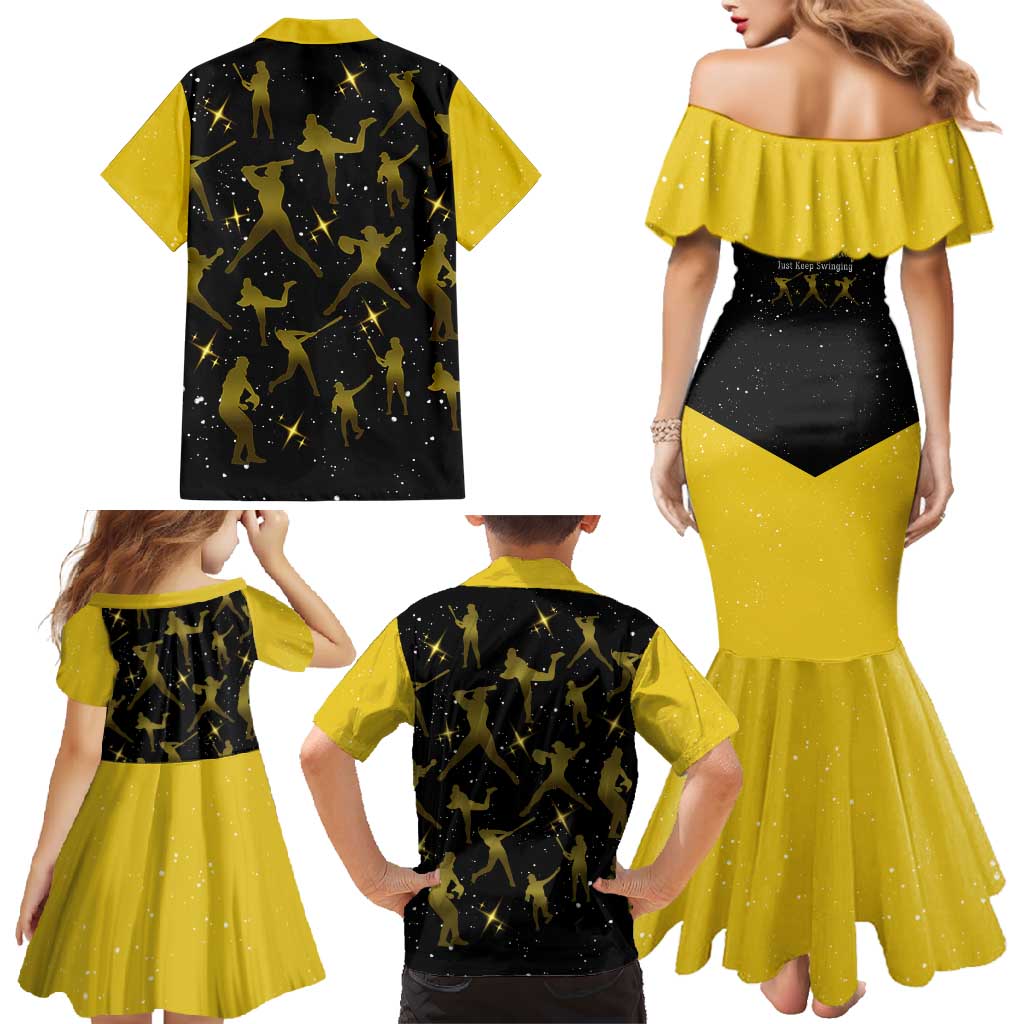 Softball Sunflower Yellow Black Christmas Family Matching Mermaid Dress and Hawaiian Shirt Xmas Holiday Patterns - Wonder Print Shop