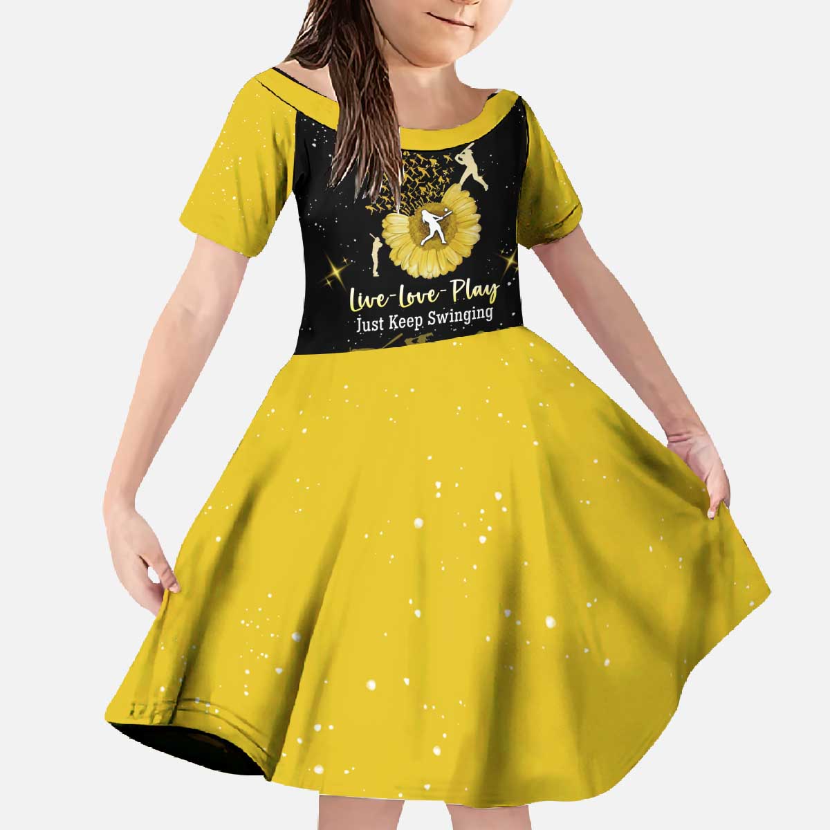 Softball Sunflower Yellow Black Christmas Family Matching Off The Shoulder Long Sleeve Dress and Hawaiian Shirt Xmas Holiday Patterns - Wonder Print Shop