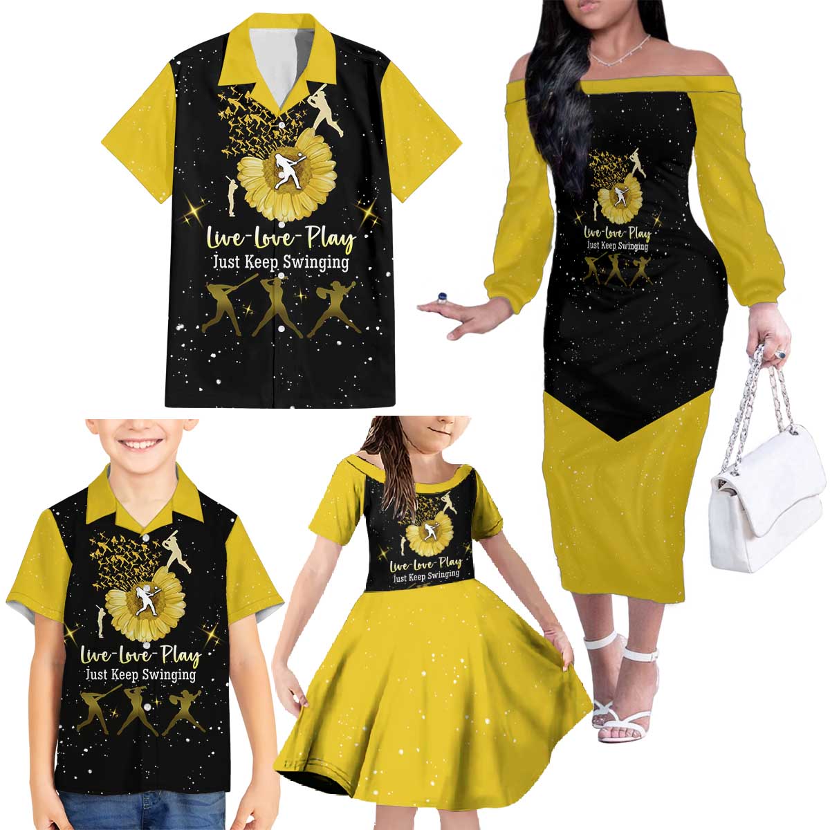 Softball Sunflower Yellow Black Christmas Family Matching Off The Shoulder Long Sleeve Dress and Hawaiian Shirt Xmas Holiday Patterns - Wonder Print Shop