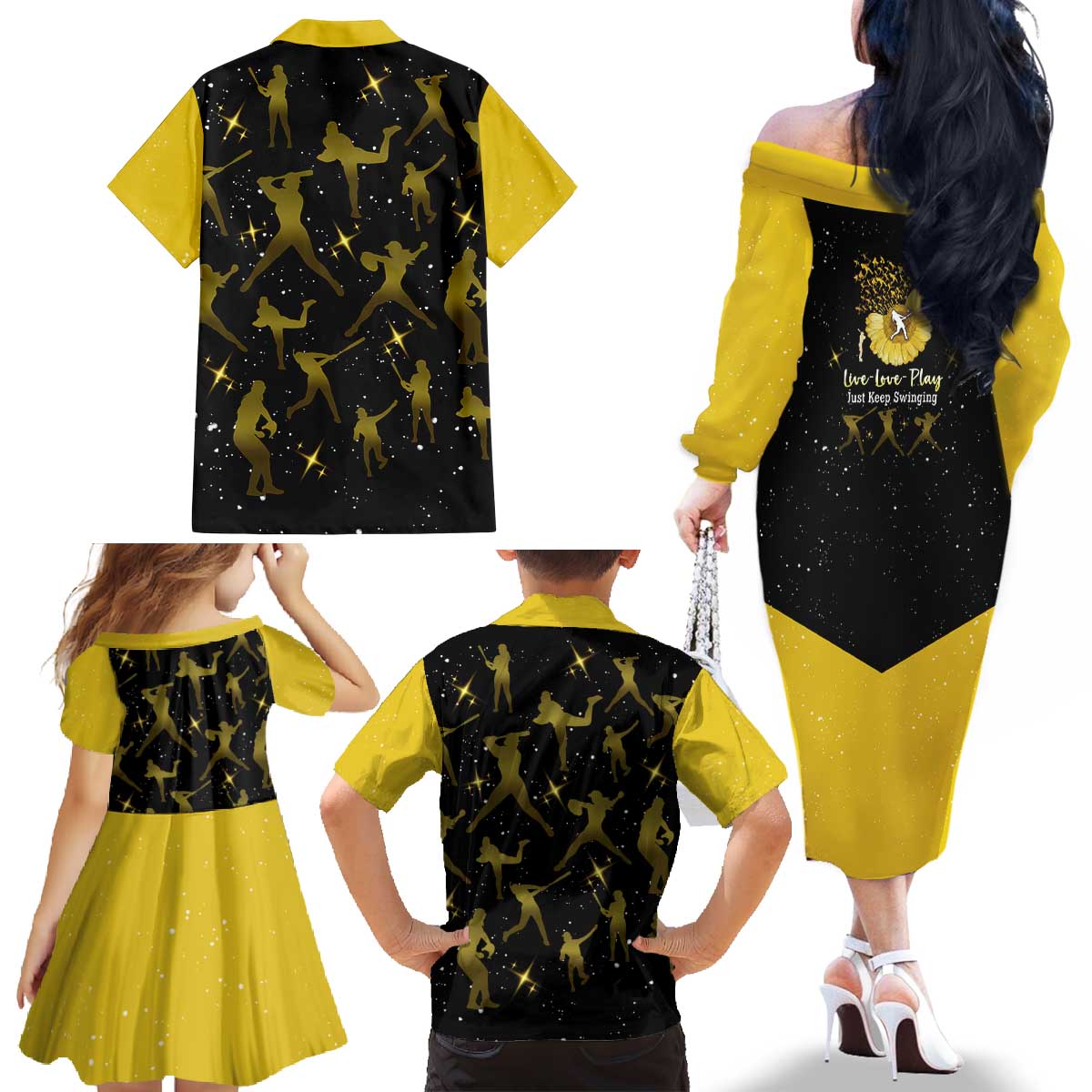 Softball Sunflower Yellow Black Christmas Family Matching Off The Shoulder Long Sleeve Dress and Hawaiian Shirt Xmas Holiday Patterns - Wonder Print Shop