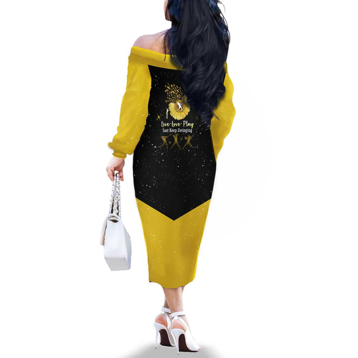 Softball Sunflower Yellow Black Christmas Family Matching Off The Shoulder Long Sleeve Dress and Hawaiian Shirt Xmas Holiday Patterns - Wonder Print Shop