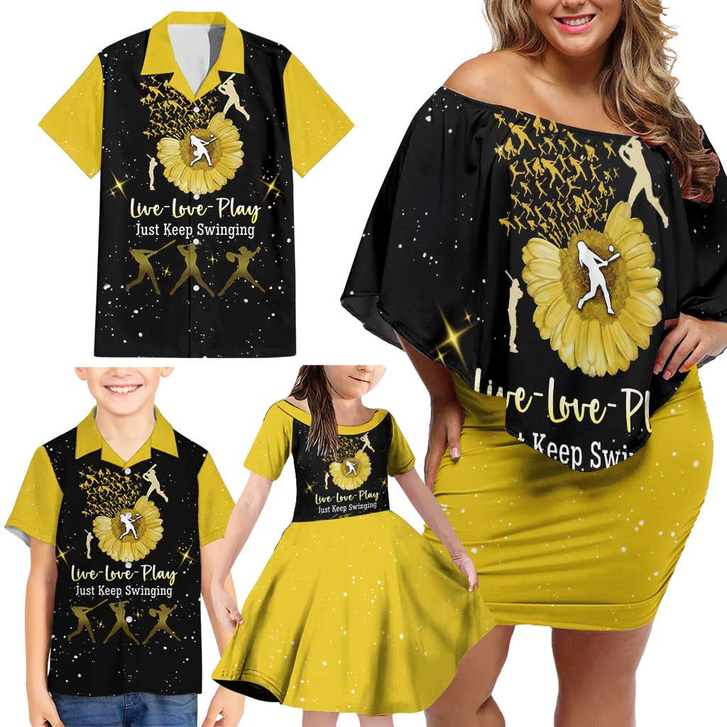 Softball Sunflower Yellow Black Christmas Family Matching Off Shoulder Short Dress and Hawaiian Shirt Xmas Holiday Patterns - Wonder Print Shop