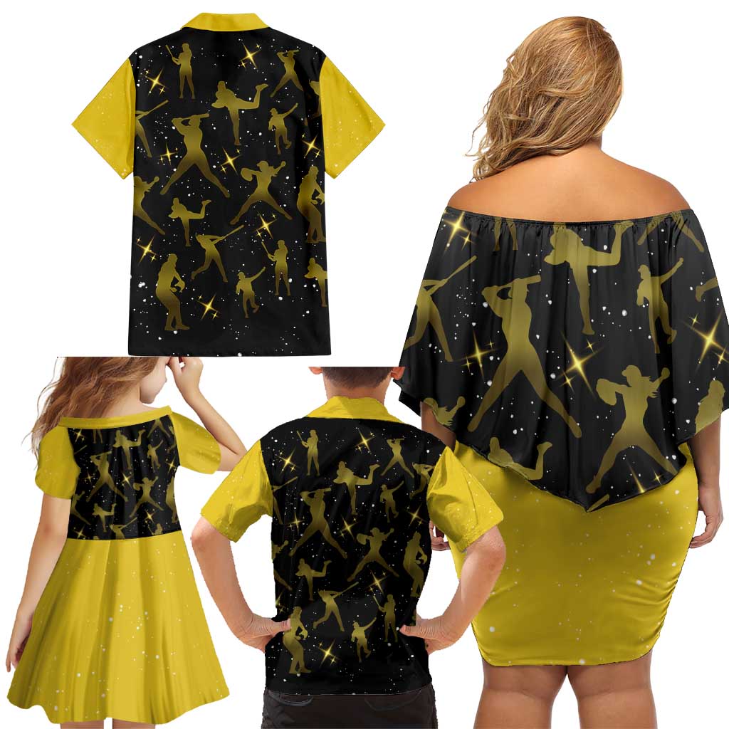 Softball Sunflower Yellow Black Christmas Family Matching Off Shoulder Short Dress and Hawaiian Shirt Xmas Holiday Patterns - Wonder Print Shop