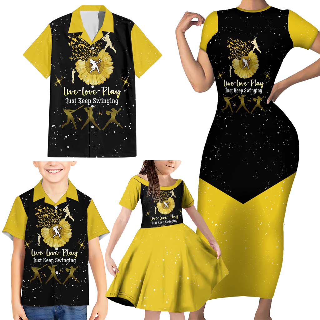 Softball Sunflower Yellow Black Christmas Family Matching Short Sleeve Bodycon Dress and Hawaiian Shirt Xmas Holiday Patterns - Wonder Print Shop