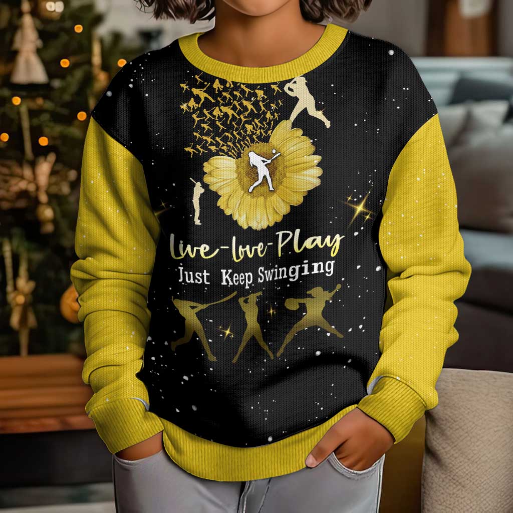 Softball Sunflower Yellow Black Christmas Kid Ugly Christmas Sweater Xmas Holiday Patterns - Wonder Print Shop