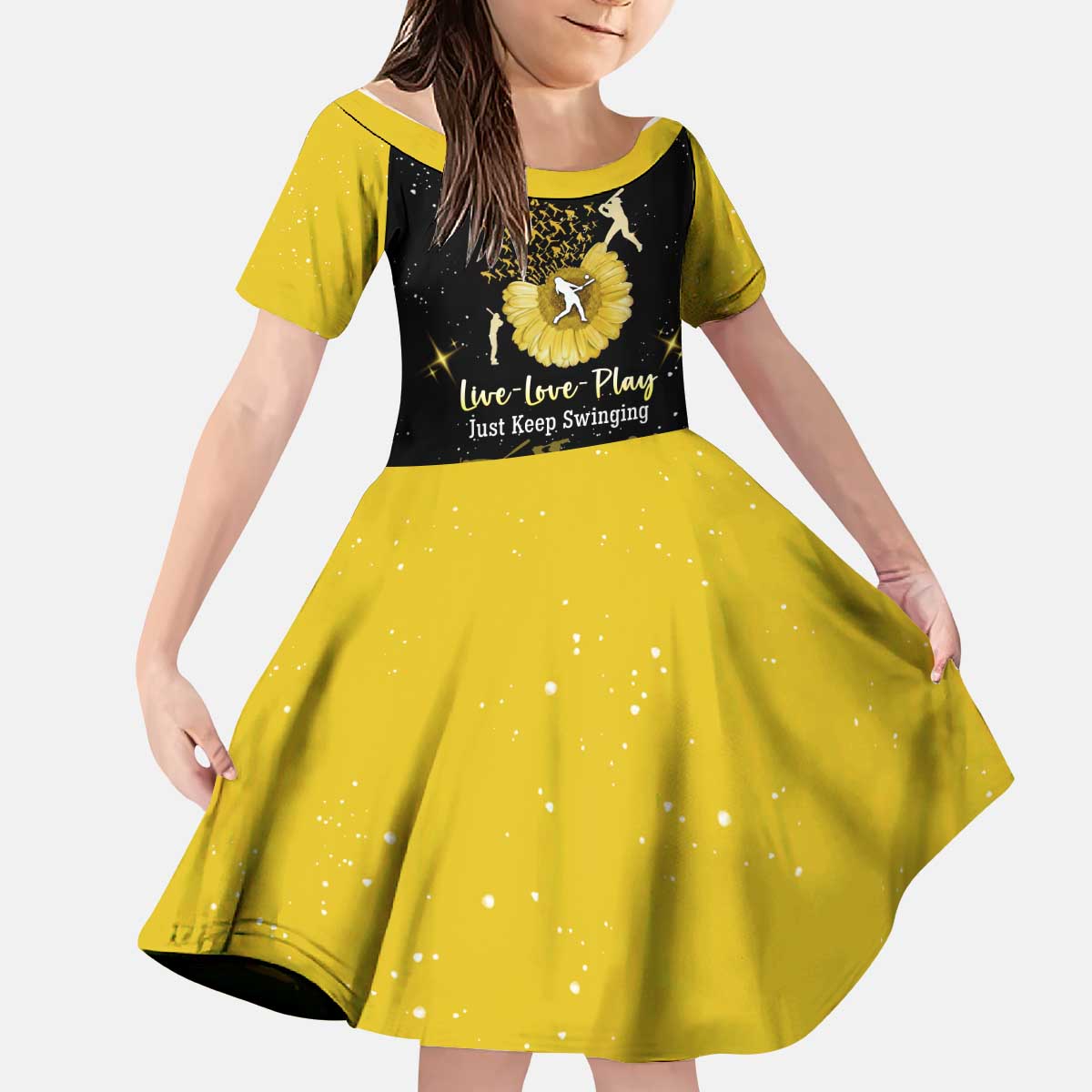 Softball Sunflower Yellow Black Christmas Kid Short Sleeve Dress Xmas Holiday Patterns - Wonder Print Shop