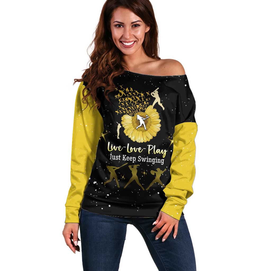Softball Sunflower Yellow Black Christmas Off Shoulder Sweater Xmas Holiday Patterns - Wonder Print Shop