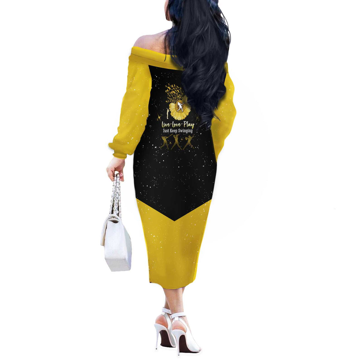 Softball Sunflower Yellow Black Christmas Off The Shoulder Long Sleeve Dress Xmas Holiday Patterns - Wonder Print Shop