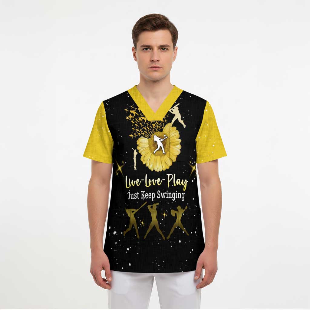 Softball Sunflower Yellow Black Christmas Scrub Top Xmas Holiday Patterns - Wonder Print Shop