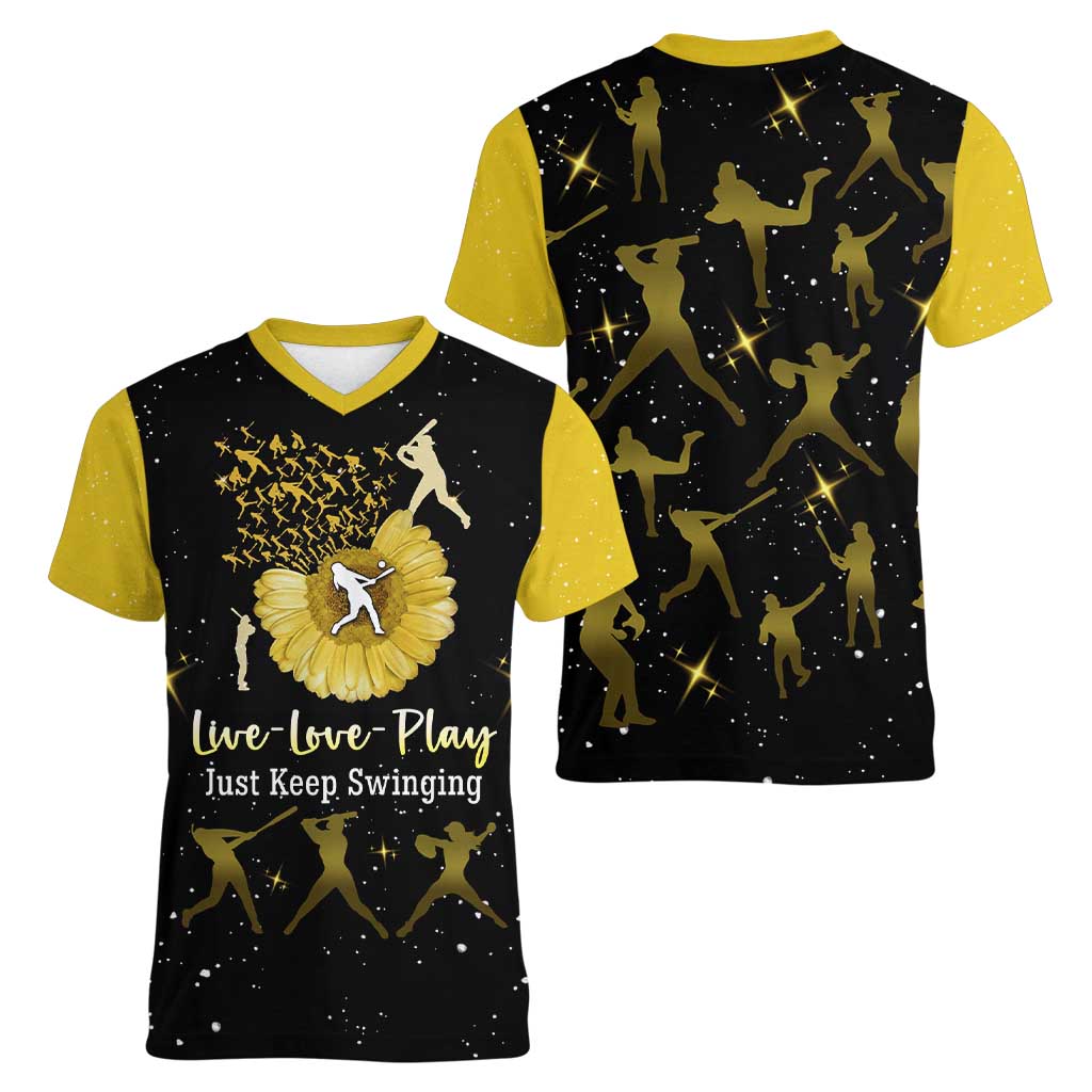 Softball Sunflower Yellow Black Christmas Women V-Neck T-Shirt Xmas Holiday Patterns - Wonder Print Shop