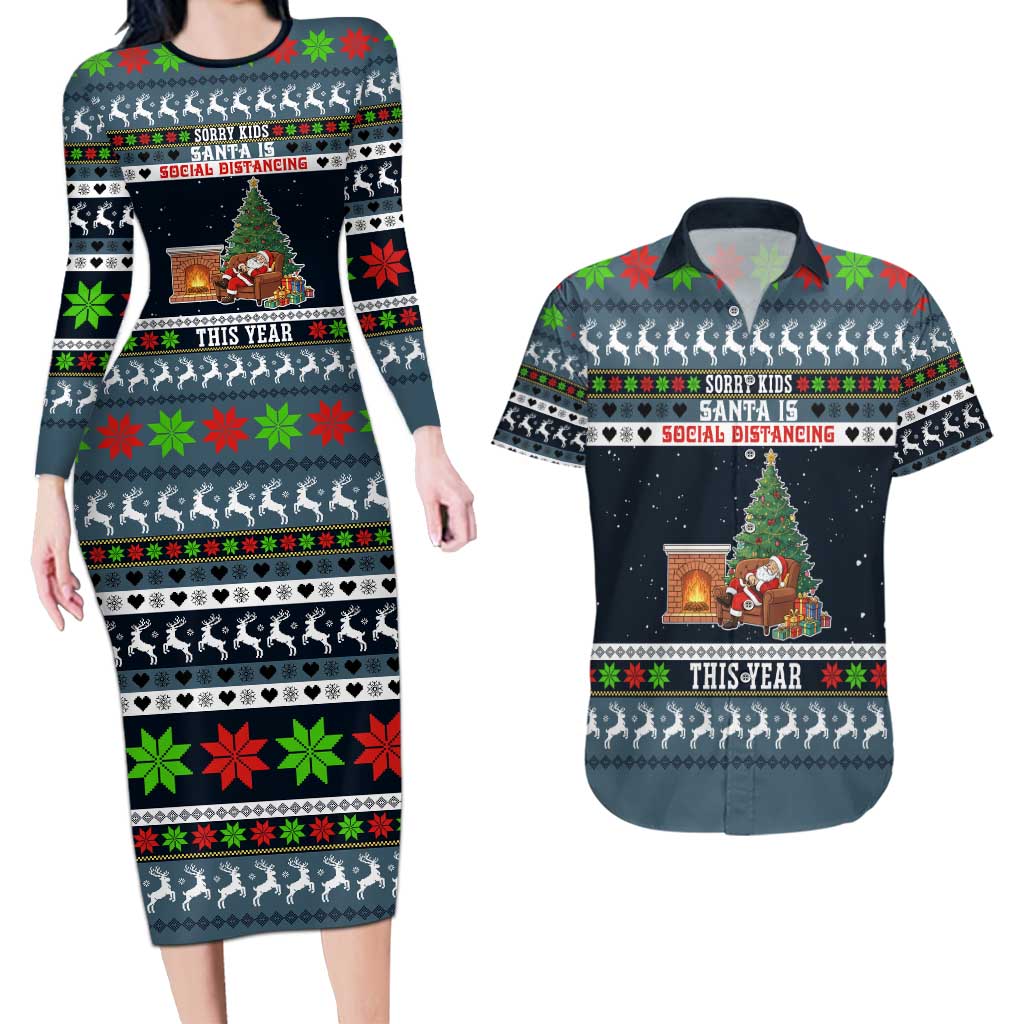 Sorry Kids Santa Is Social Distancing This Year Christmas Couples Matching Long Sleeve Bodycon Dress and Hawaiian Shirt Xmas Holiday Patterns - Wonder Print Shop
