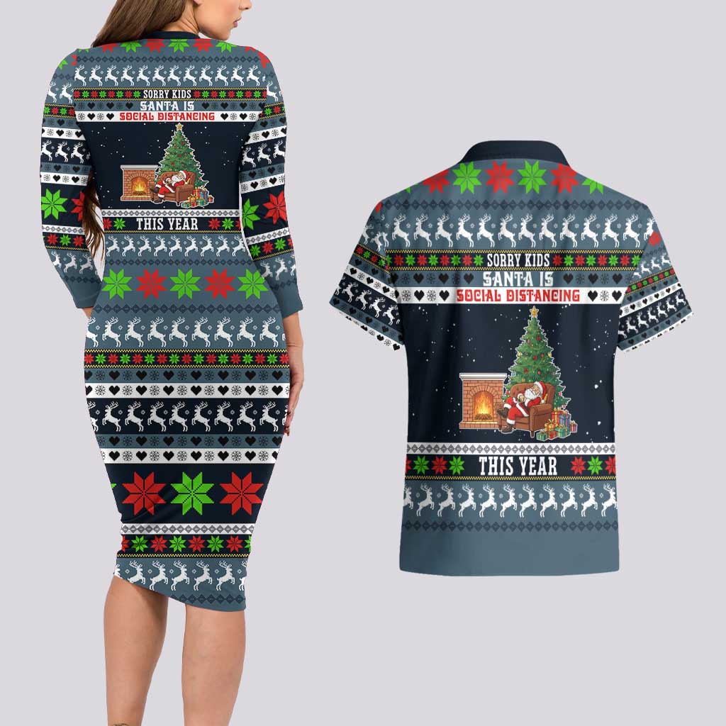 Sorry Kids Santa Is Social Distancing This Year Christmas Couples Matching Long Sleeve Bodycon Dress and Hawaiian Shirt Xmas Holiday Patterns - Wonder Print Shop