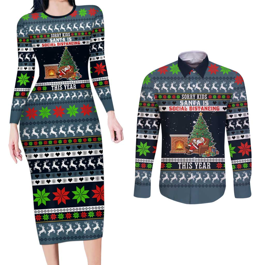 Sorry Kids Santa Is Social Distancing This Year Christmas Couples Matching Long Sleeve Bodycon Dress and Long Sleeve Button Shirt Xmas Holiday Patterns - Wonder Print Shop