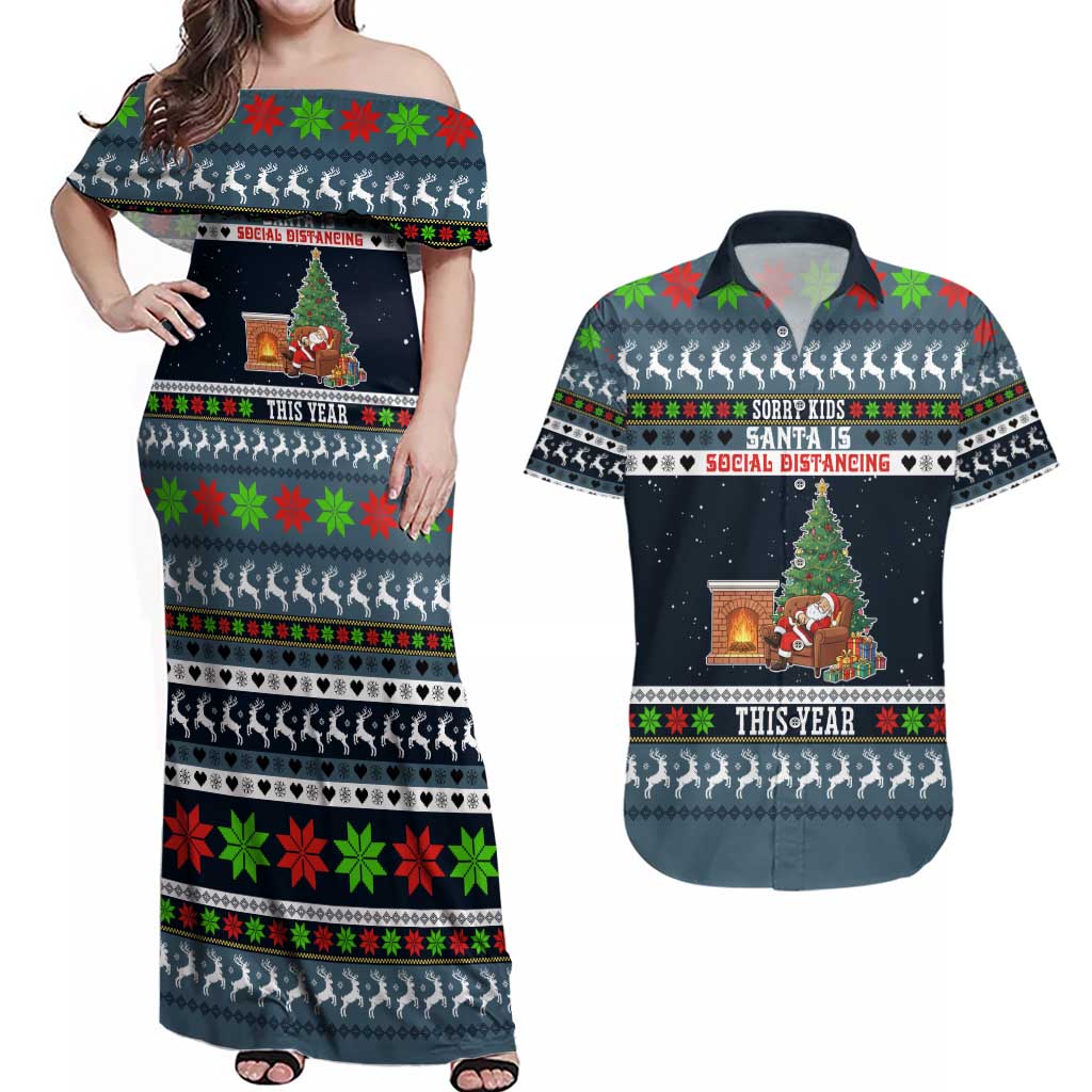 Sorry Kids Santa Is Social Distancing This Year Christmas Couples Matching Off Shoulder Maxi Dress and Hawaiian Shirt Xmas Holiday Patterns - Wonder Print Shop
