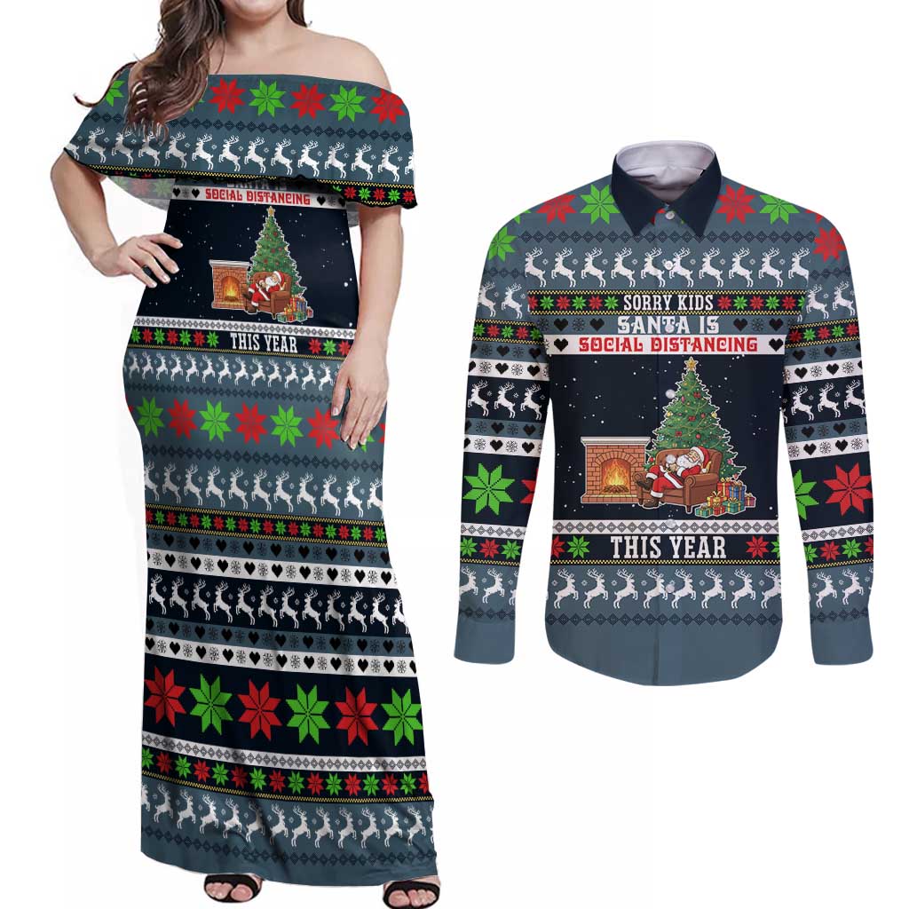 Sorry Kids Santa Is Social Distancing This Year Christmas Couples Matching Off Shoulder Maxi Dress and Long Sleeve Button Shirt Xmas Holiday Patterns - Wonder Print Shop
