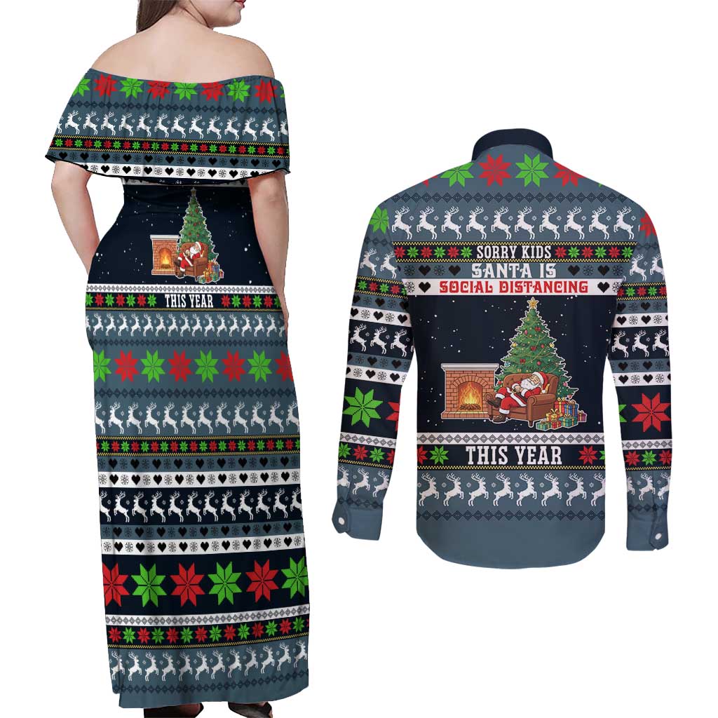 Sorry Kids Santa Is Social Distancing This Year Christmas Couples Matching Off Shoulder Maxi Dress and Long Sleeve Button Shirt Xmas Holiday Patterns - Wonder Print Shop